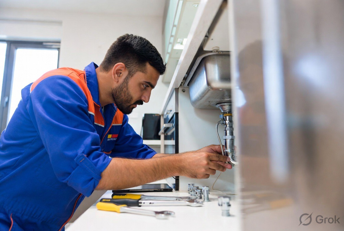 Plumbing technician repairing sink connection